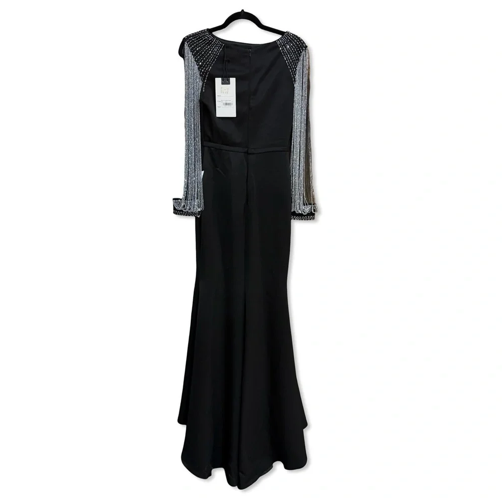Mac Duggal black beaded Embellished Full Sleeve Jersey Fitted Fit Flare gown 2